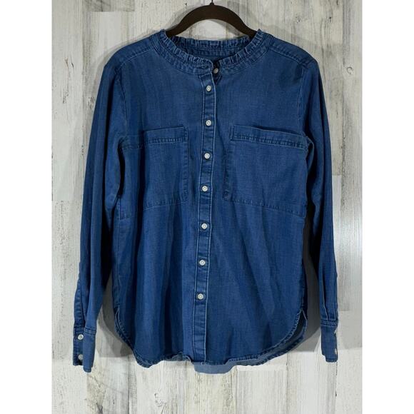 Loft Denim Chambray Button Up Shirt Size Medium Chest Pockets Ruffle Neck - Picture 1 of 7